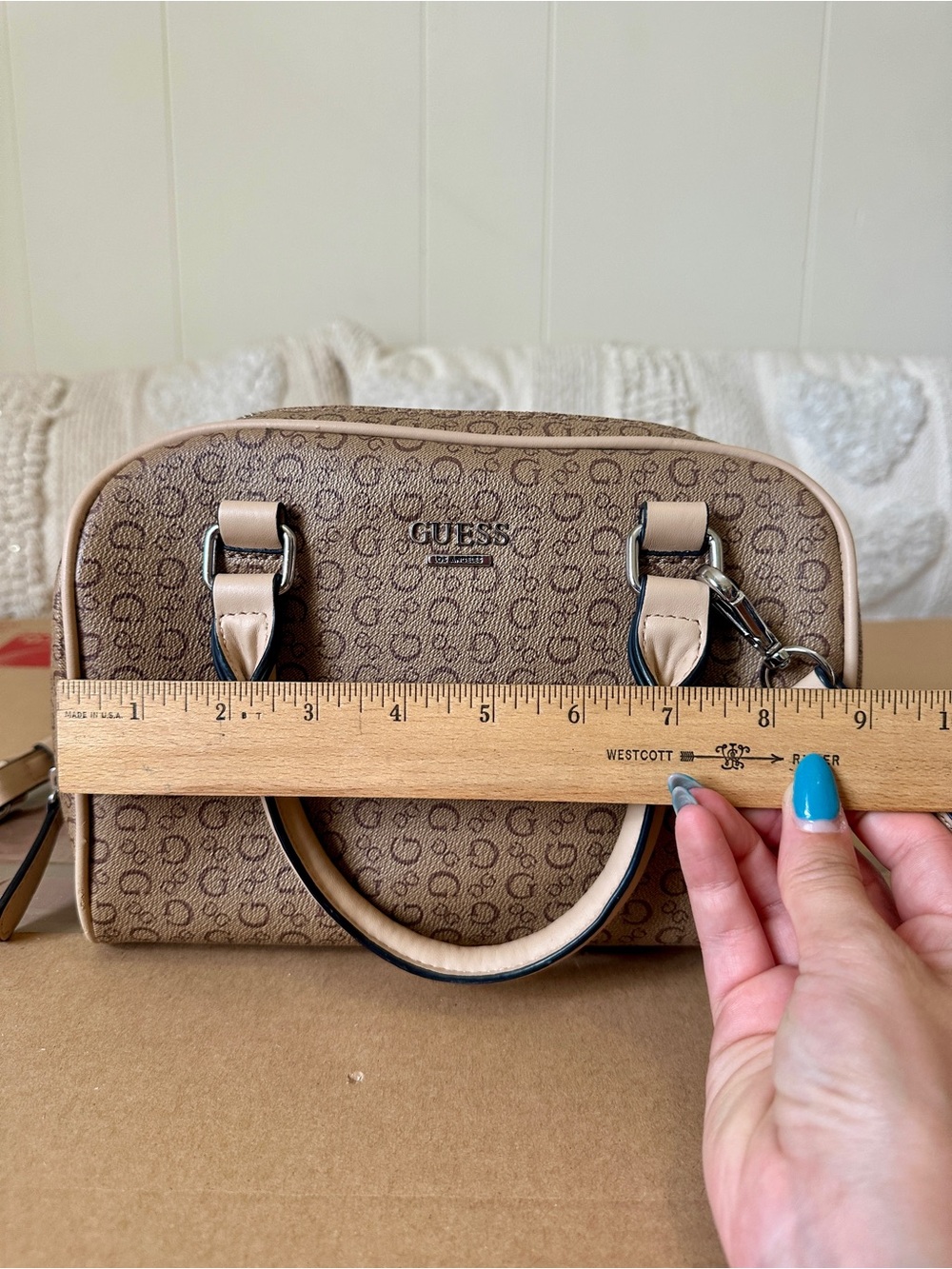 The GUESS Logo Print Small Satchel Top Handle Bag in beige and brown - Picture 5 of 9